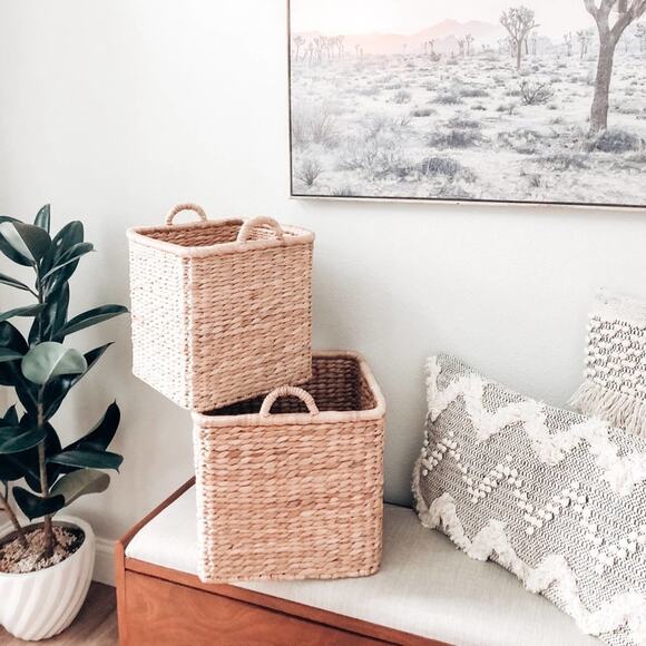 2 Magnolia minimalist Chunky Weave Hyacinth wicker Square Baskets - Picture 3 of 3